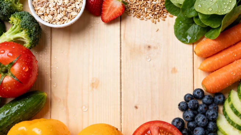 新鲜蔬果环绕木桌 健康美味图片