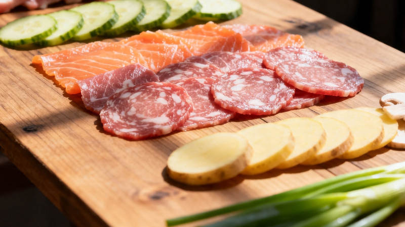 三文鱼火腿拼盘配蔬菜图片