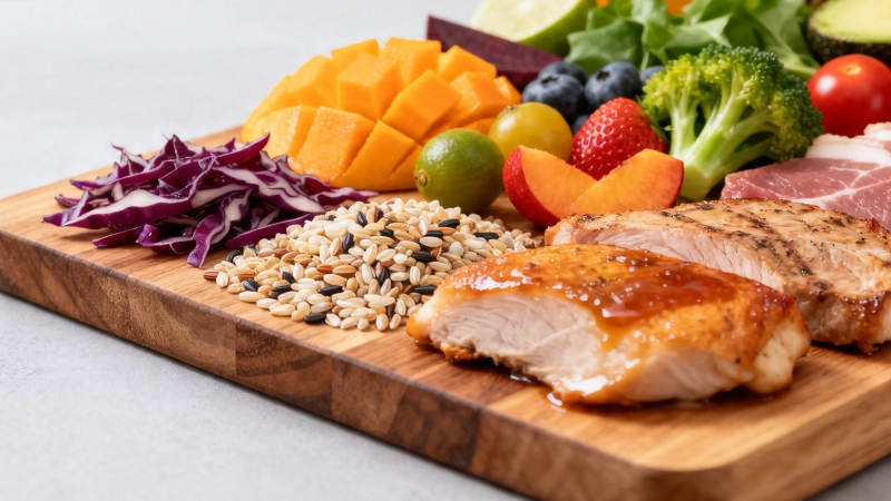 健康餐盘 鸡胸肉配蔬果谷物图片