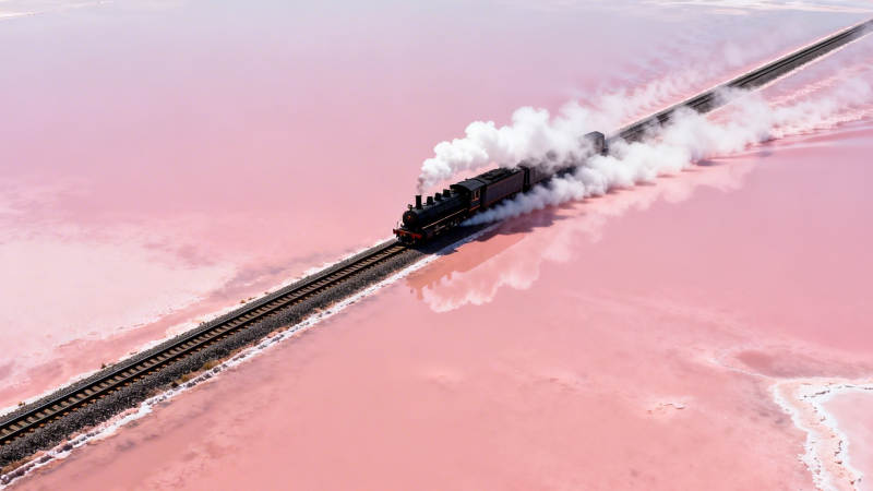 粉红盐湖上的蒸汽火车图片