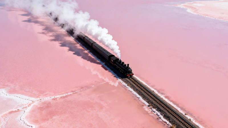 粉湖蒸汽火车穿行奇景图片