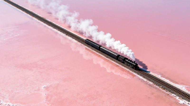 粉湖蒸汽火车穿行奇景图片
