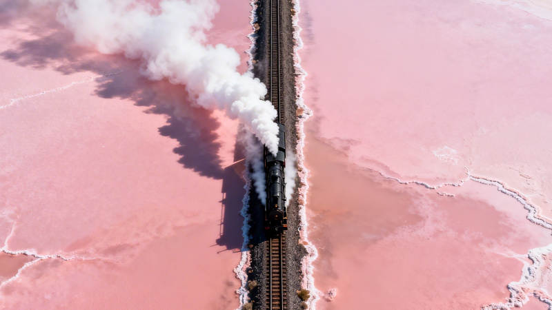 粉湖火车穿行如仙境图片