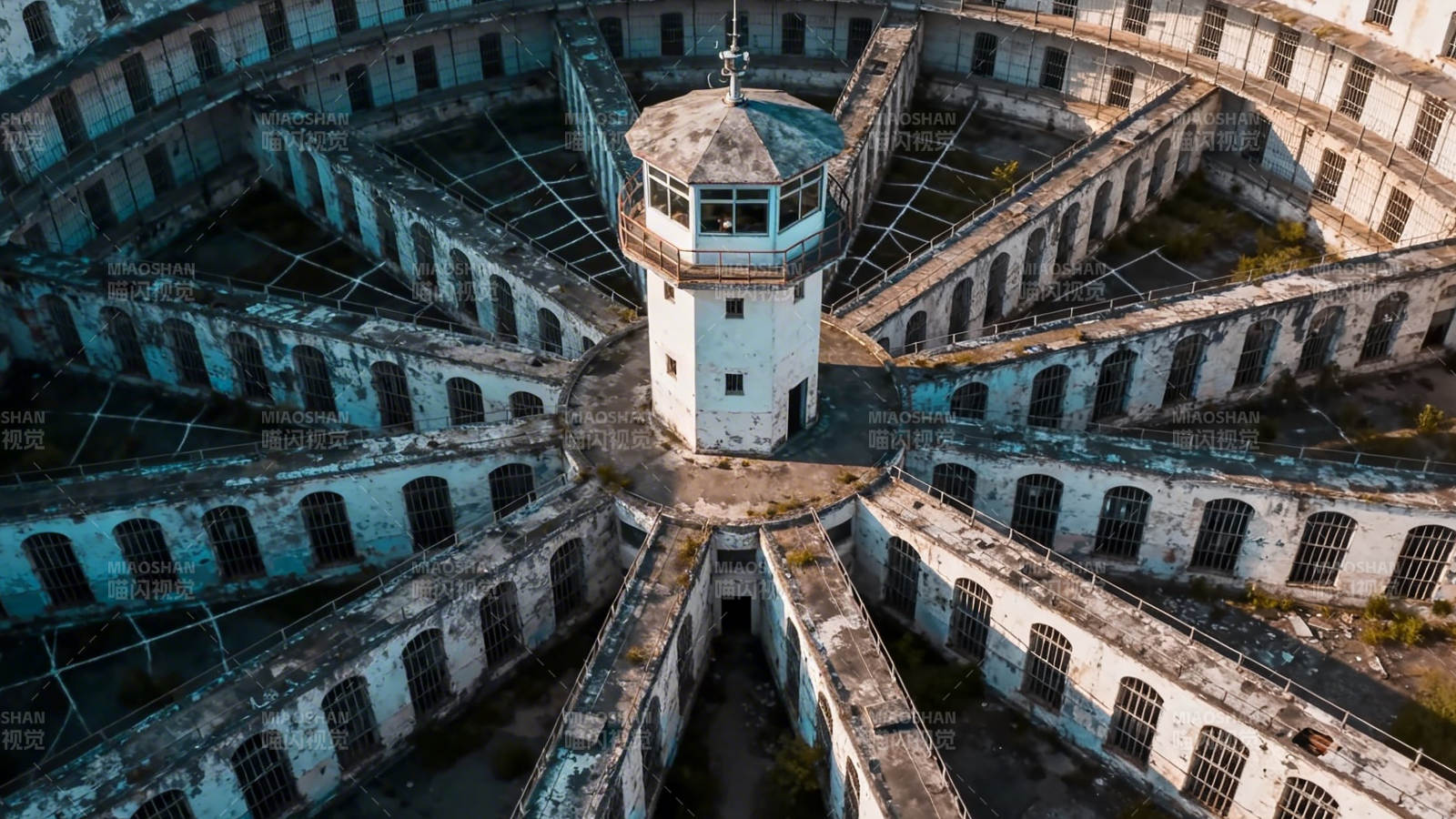 废弃圆形监狱航拍图图片