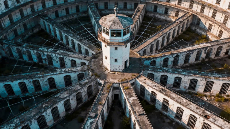 废弃圆形监狱航拍图图片