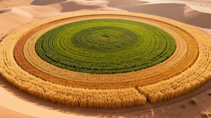 沙漠中的绿色同心圆农田图片