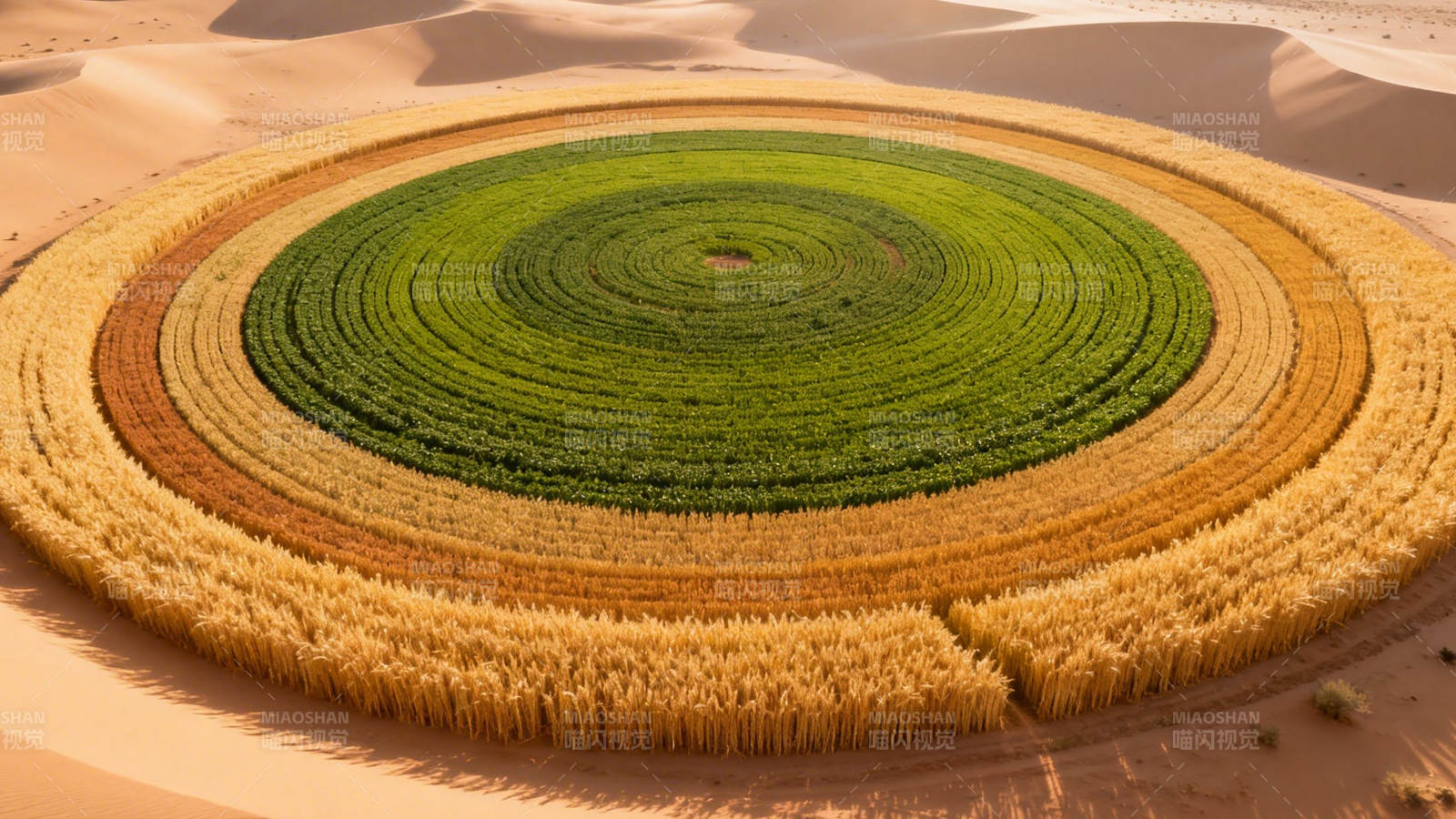 沙漠中的绿色同心圆农田图片