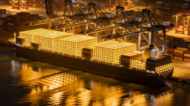 夜港巨轮 灯火辉煌图片