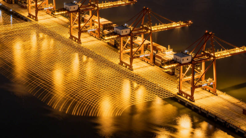 夜港灯火映水 巨臂静立如诗图片