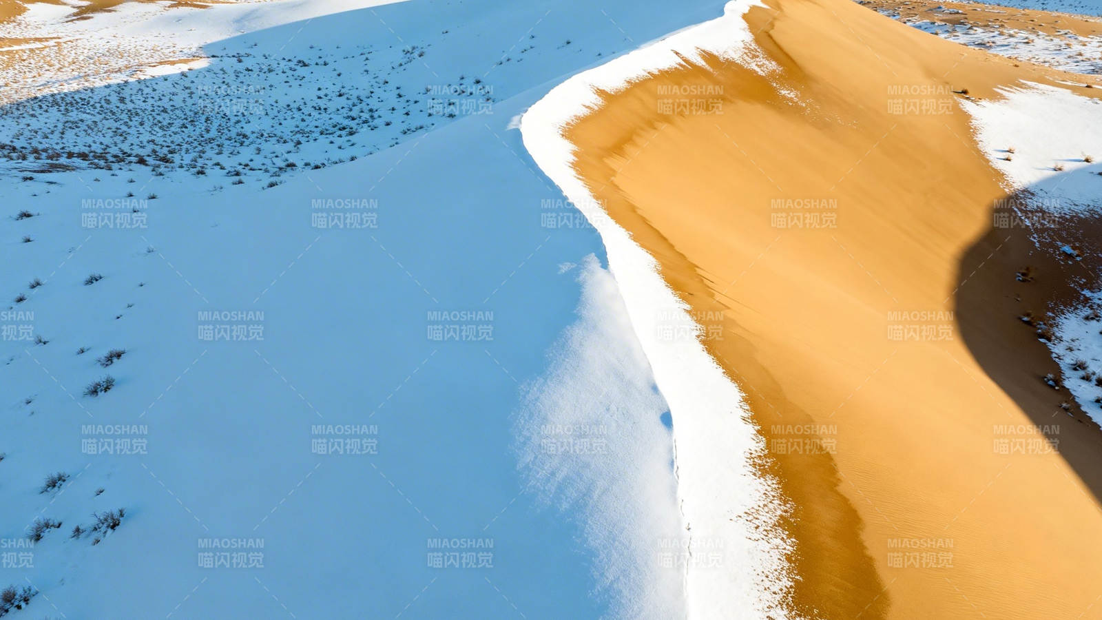 雪覆沙丘 蓝白金黄交织图片