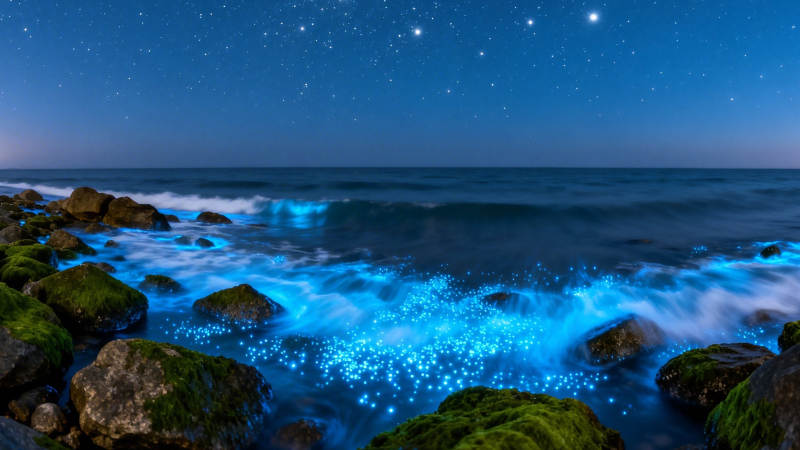 星夜蓝海 荧光浪涌礁石间图片