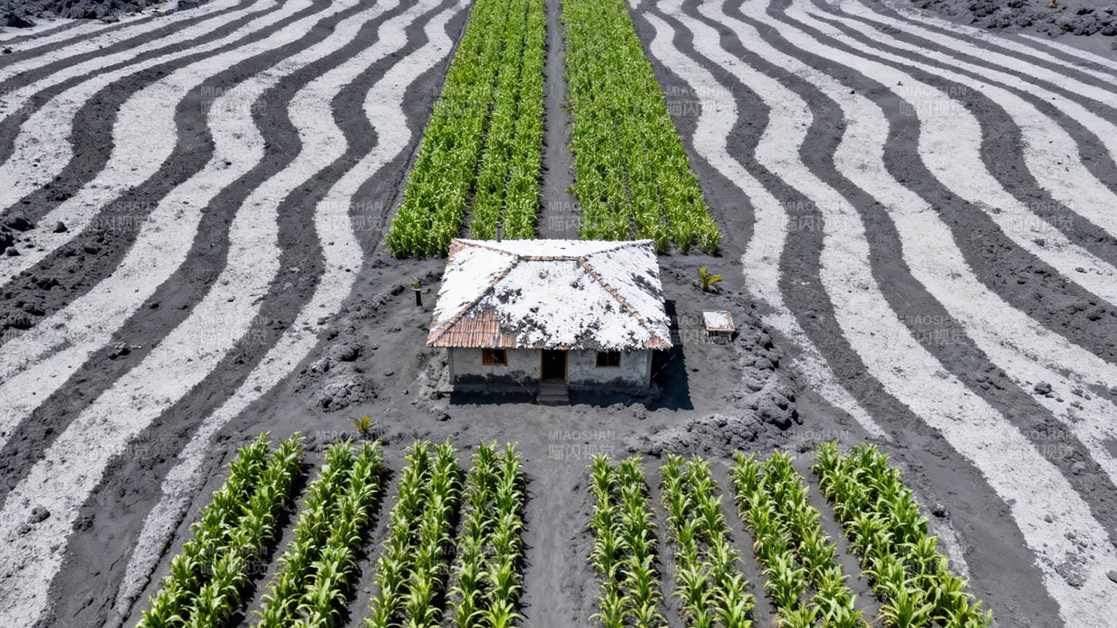 火山灰田中的小屋与绿苗图片