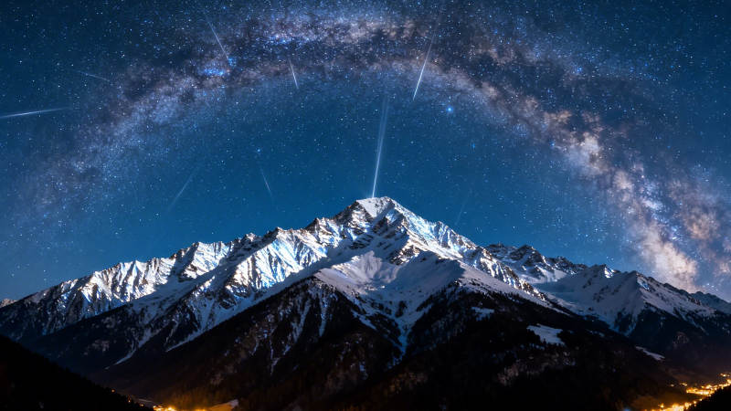雪山银河夜 流星划天际图片