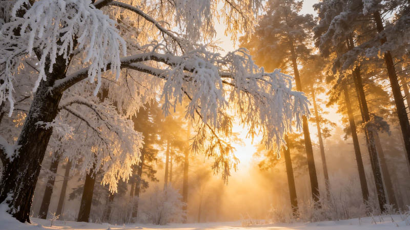 冬日暖阳照雪林图片