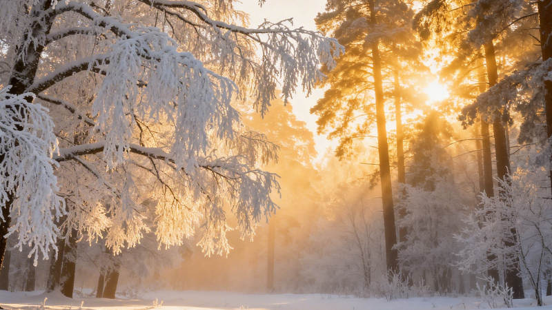 雪林晨光 金辉洒枝梢图片