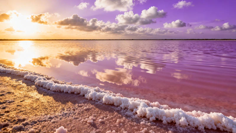 粉湖日落 盐晶如雪映霞光图片