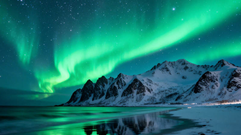 极光映雪山 夜空舞绿光图片