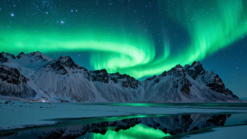 极光映雪山 绿光舞夜空图片