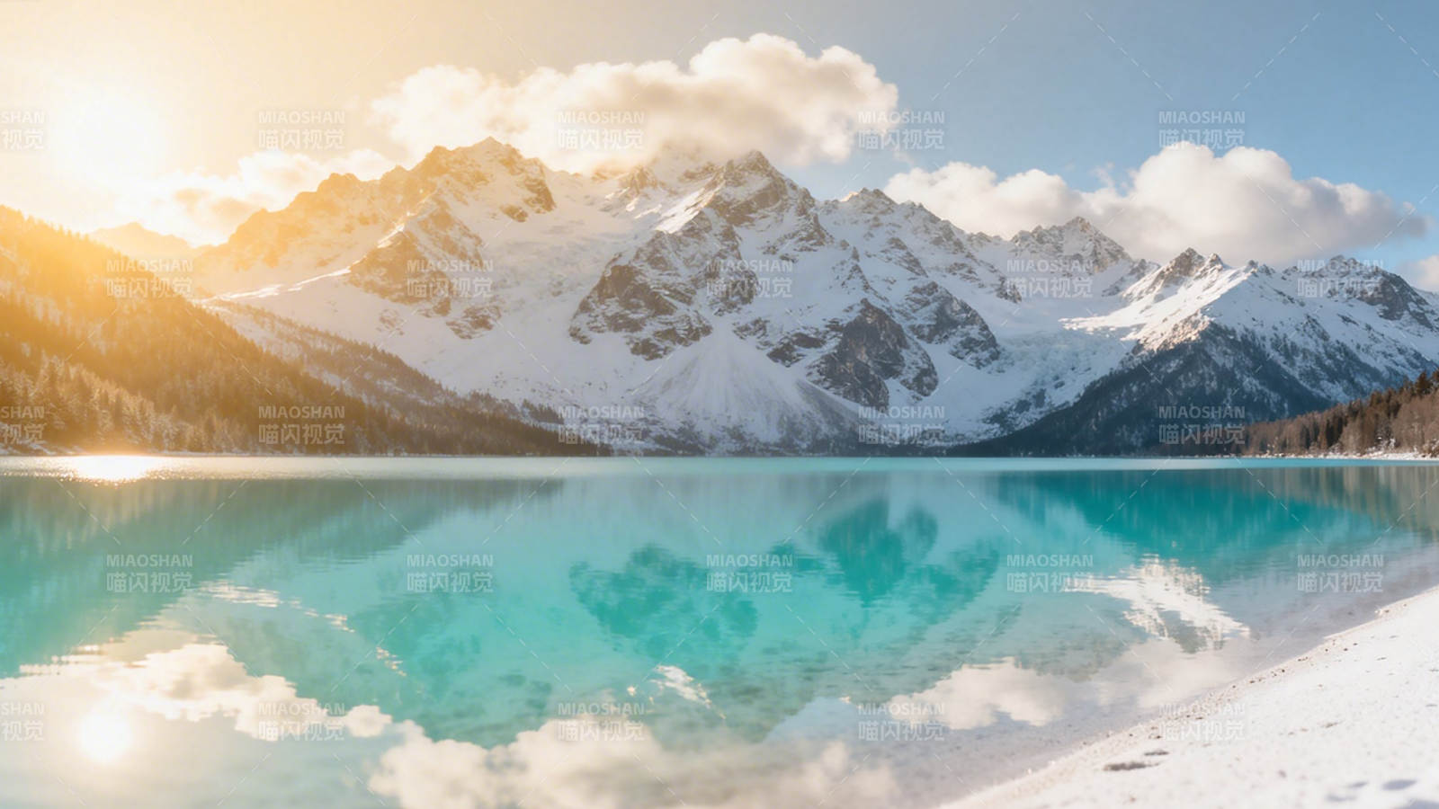 雪山映湖 晨曦如画图片