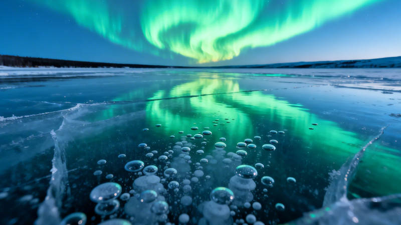 冰湖极光 气泡映绿光图片