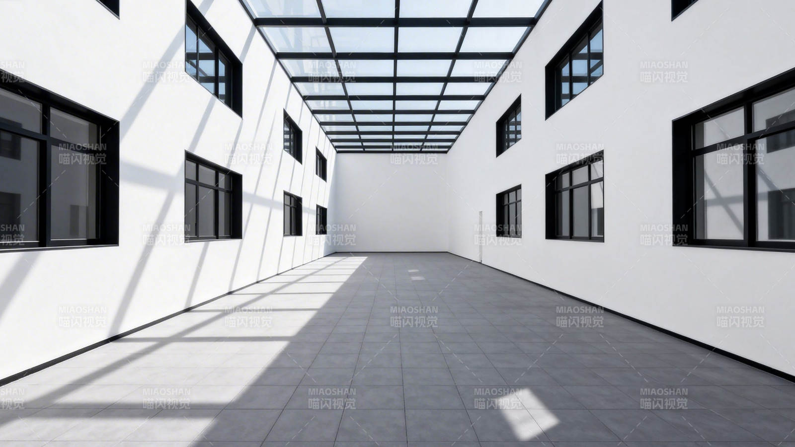 现代极简玻璃顶走廊空间图片