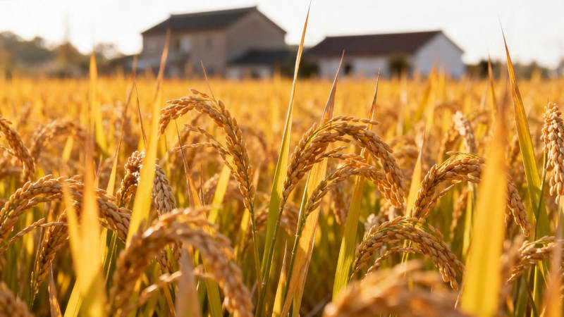 金黄稻浪映农舍图片