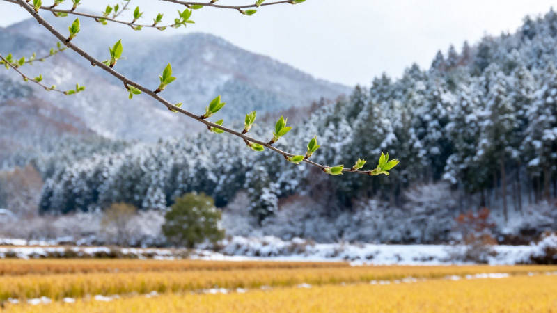 雪覆山林 嫩芽初绽春意浓图片