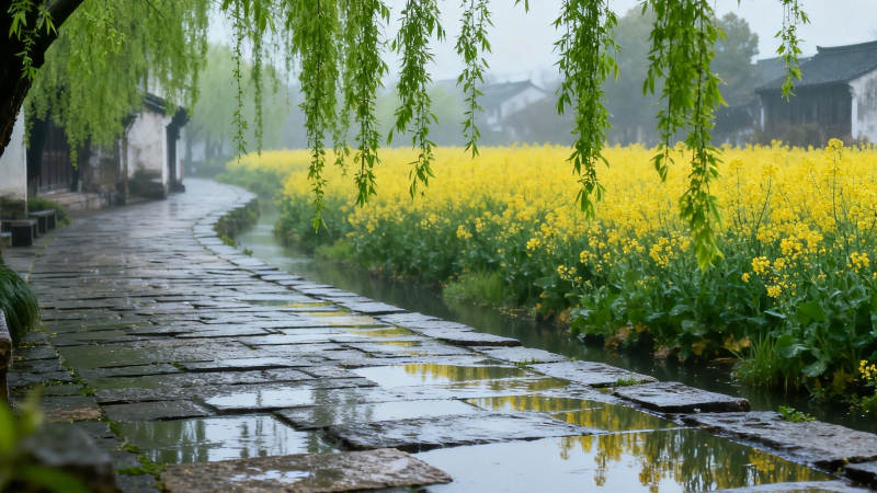 春雨柳岸 黄花映古巷图片