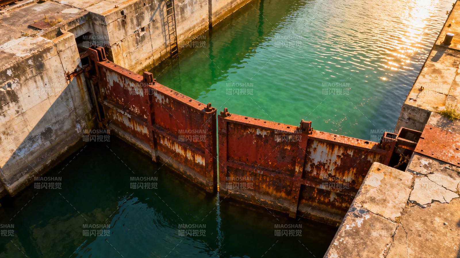 锈闸锁碧水 旧坝映斜阳图片