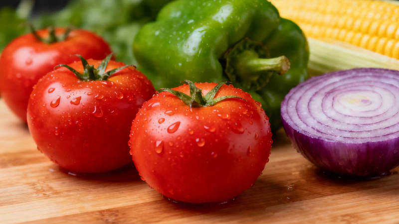 新鲜蔬菜拼盘 番茄青椒洋葱玉米图片