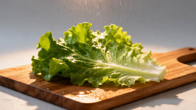 鲜生菜淋水 木砧板上的清新图片