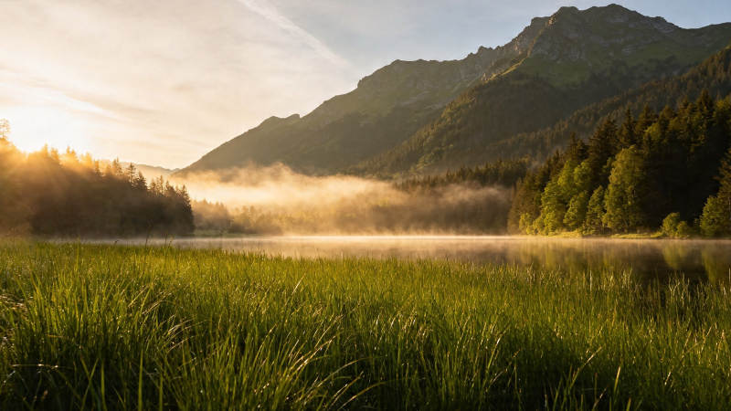 晨雾湖光山色如画图片