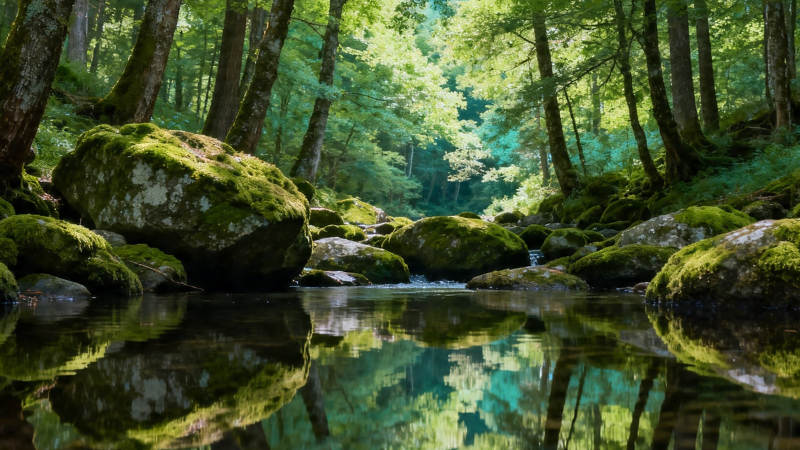 绿林溪影 苔石映水静图片