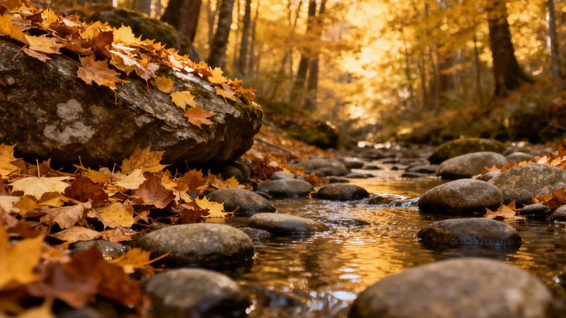 秋溪落叶 石径流金图片