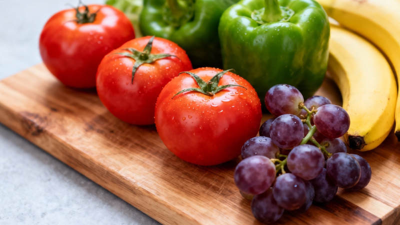 新鲜蔬果拼盘 番茄青椒葡萄香蕉图片