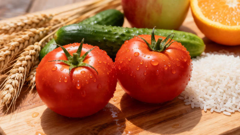 新鲜蔬果与谷物摆盘图片