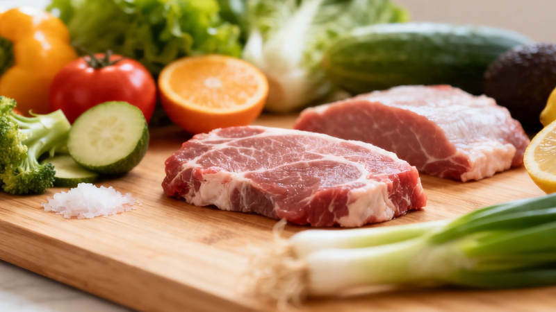 新鲜牛排配蔬果 健康美味一板端图片