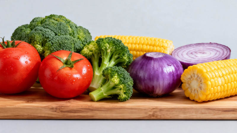 新鲜蔬菜拼盘 番茄玉米洋葱西兰花图片