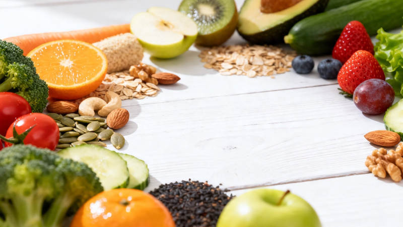 健康食材环绕白木板图片