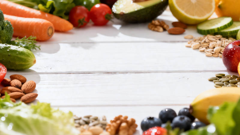 健康食材环绕白木桌图片