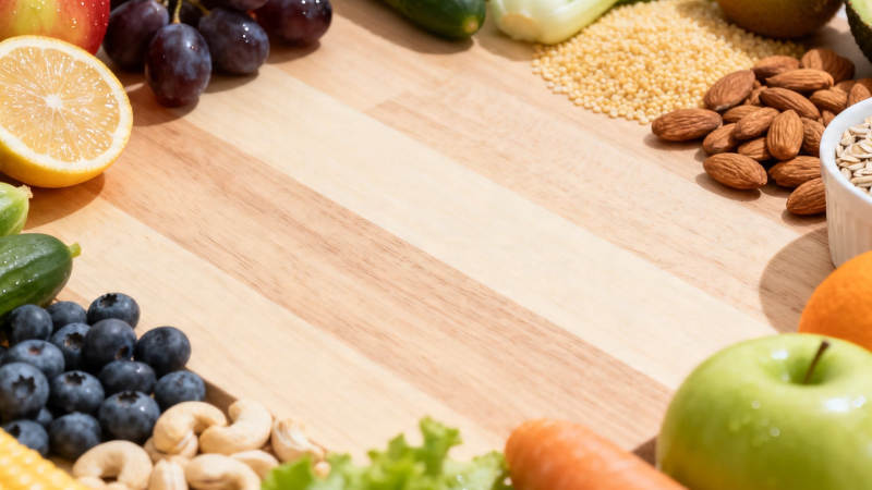 健康食材环绕木桌图片