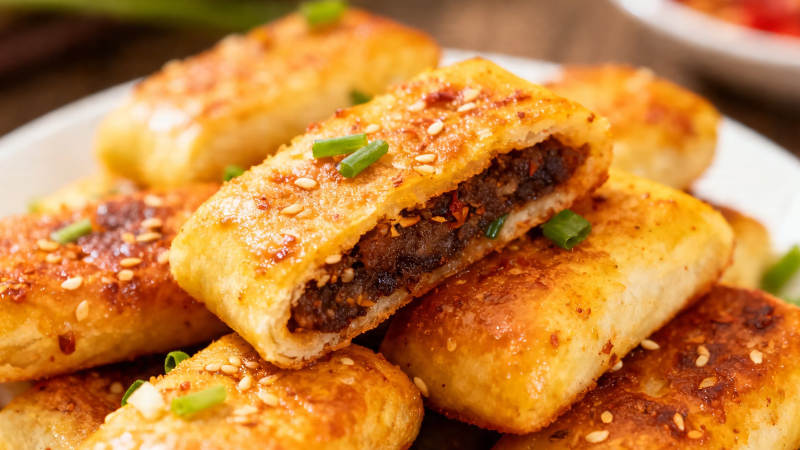 香酥肉馅煎卷 撒葱芝麻更诱人图片
