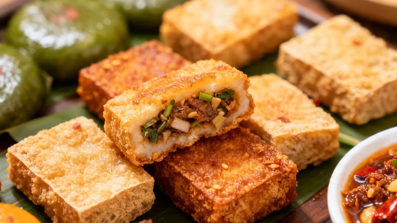 金黄酥香豆腐配青果蘸辣酱图片