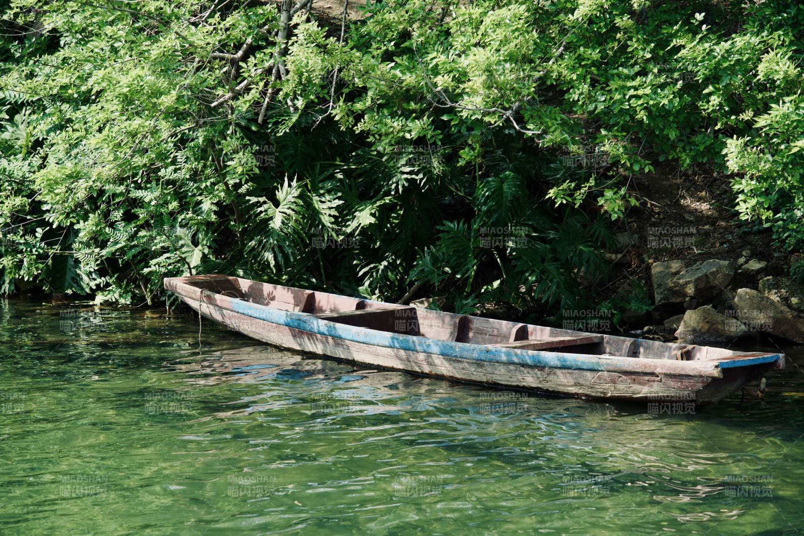 绿荫下静泊的木船图片