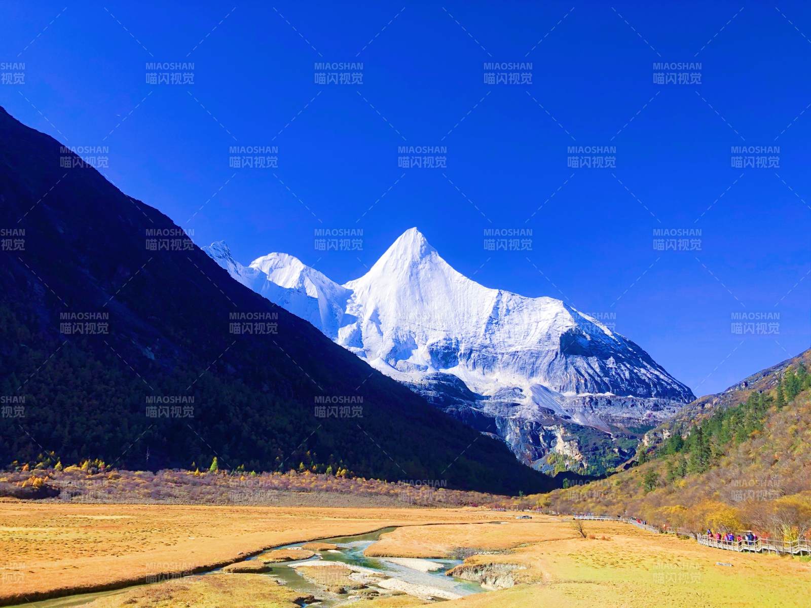 雪山映蓝天 秋谷溪流静图片