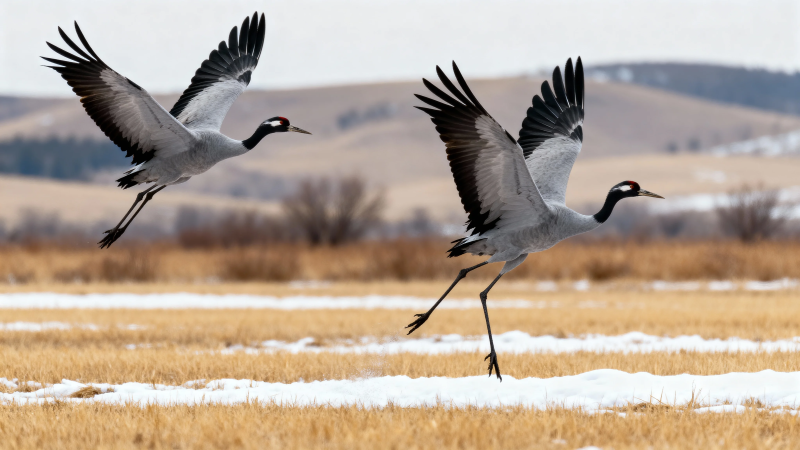 双鹤展翅雪野飞图片