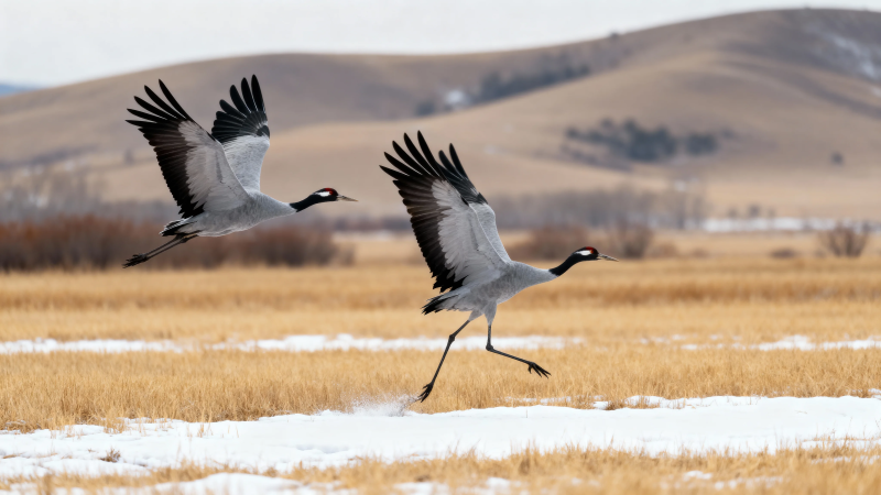 雪原双鹤展翅飞图片