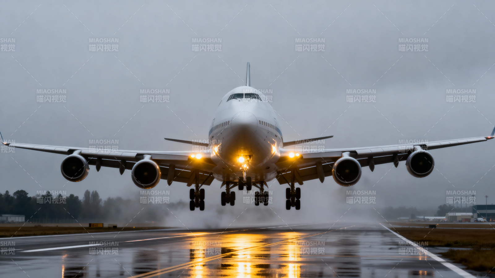 雨中巨鹰降落 灯光映湿跑道图片