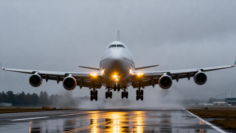 雨中巨鹰降落 灯光映湿跑道图片