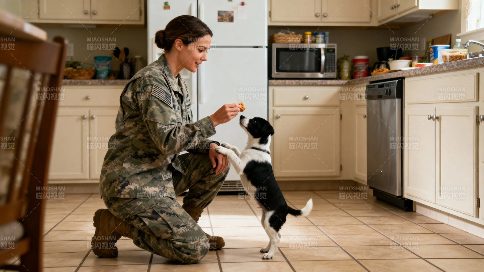 军装女子厨房喂狗图片
